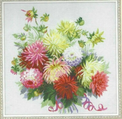 FLOWER BOUQUET-Colorful Flowers Tied With a Pink Ribbon-Counted Cross Stitch KIT