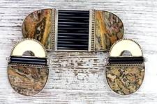 STUDIO DESIGNER ARTISAN AGATE ONYX STERLING SILVER BROOCH EARRINGS SET 1990'S
