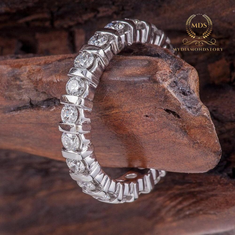Solid 14K White Gold Moissanite Full Eternity Wedding Band Round Cut 2 ...