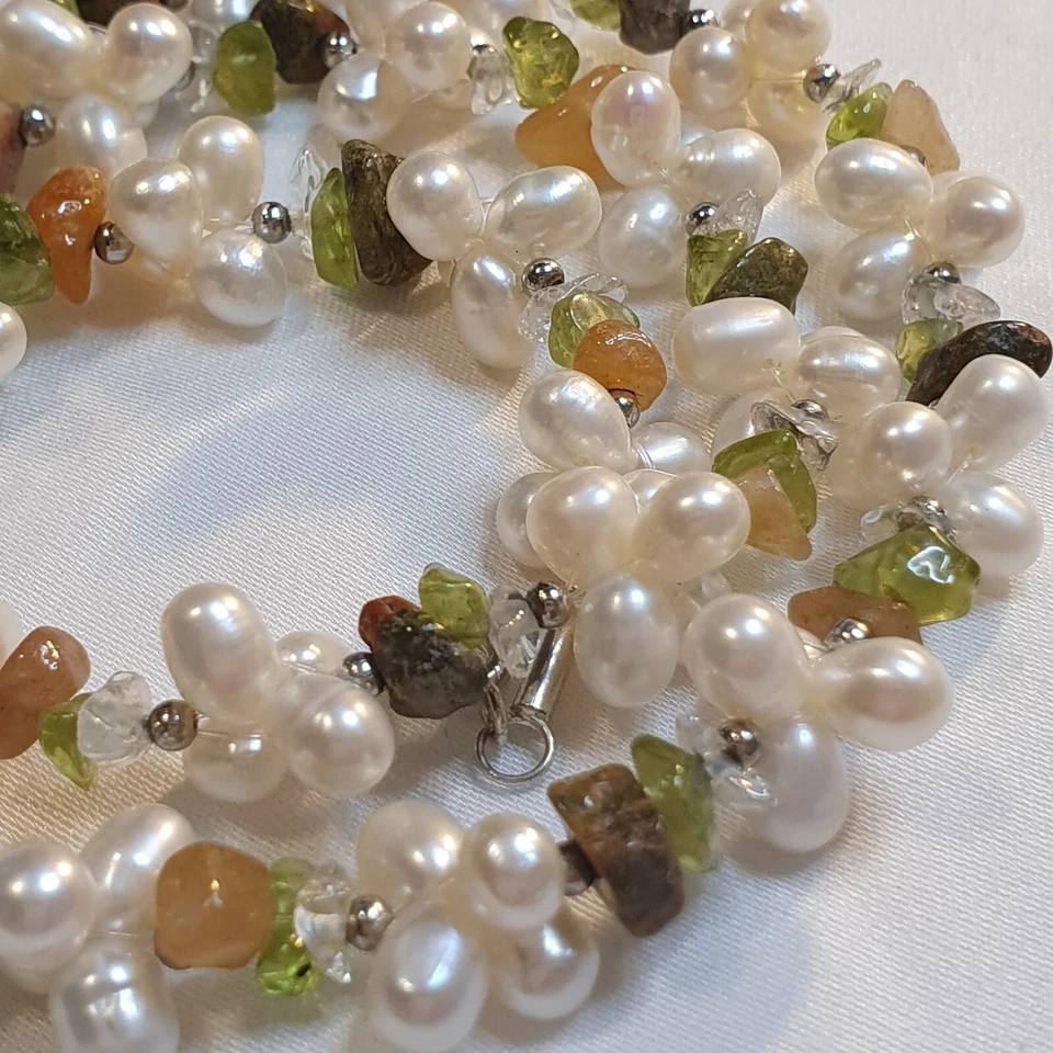 Baroque Pearl & Citrine, Jasper, Peridot Gemstones, Vintage Necklace 18" 45cm  - Image 3 of 4