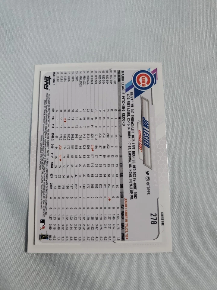 2021 Topps #278 Jon Lester Cubs D1426* - Image 3 of 4
