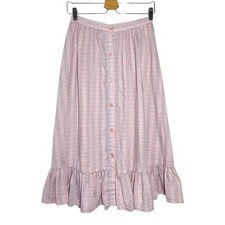 Vintage Pink Blue Plaid Cottage Button Front Ruffle Midi Skirt - Small