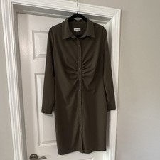 Calvin Klein Women's Size 12 Olive Green Long Sleeve Ruched Shirt Dress Stretch