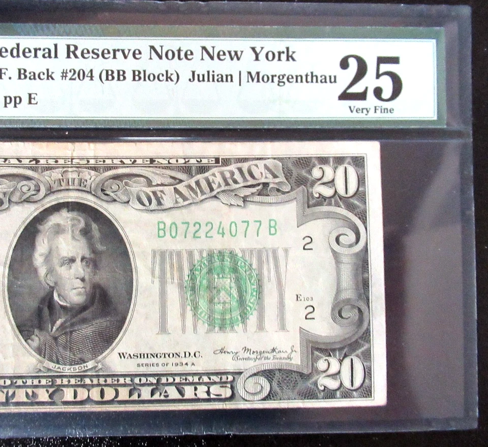1934-A $20  $1 FWDERAL RESERVRE NOTE B07224077B 204 PLATE PMG 25 - Image 3 of 4