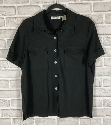 Selene Sport Shirt Womens Sz L Black Linen Button Up Pockets Short Rolled Sleeve