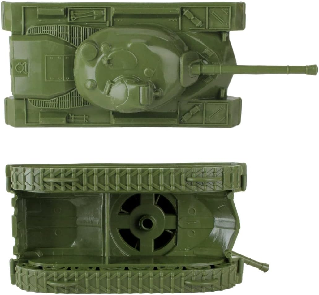Olive green plastic toy tank with black top, side view, and textured front armor on a gray background.