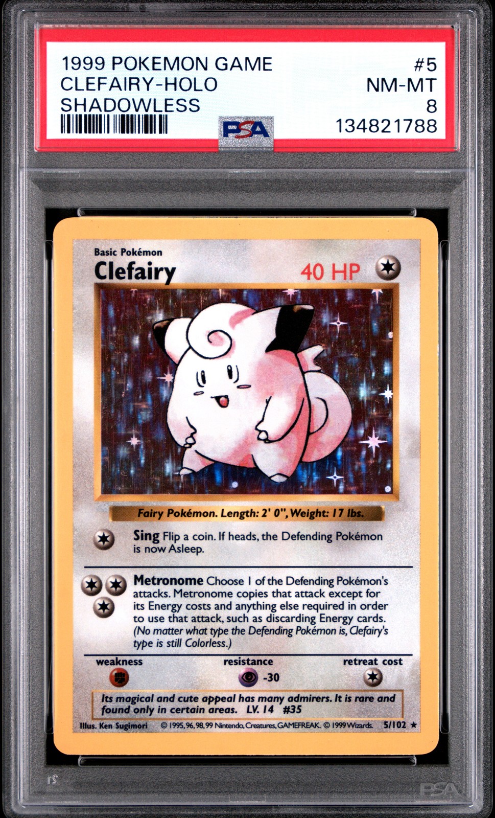 1999 POKEMON BASE SET SHADOWLESS #5 CLEFAIRY-HOLO PSA 8