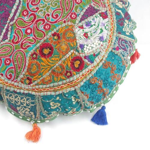 Indian Home Decor Floor Round Embroidered Assorted Patchwork Cushion Cover 22'' - Picture 7 of 8