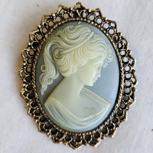 Vtg Blue & White Resin Cameo Brooch & Pendant
