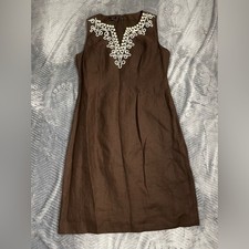 Talbots 100% Linen Dress 6 Womens Beaded Sleeveless Brown