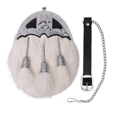 WHITE SCOTTISH FULL DRESS SPORRAN FUR LION RAMPANT CHROME CANTLE
