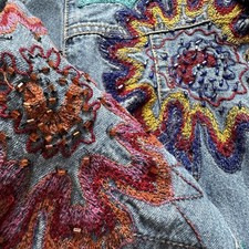 Vtg 90s Chico  s Design Floral Embroidered Beaded AOP Denim Jacket Women 1 Boho