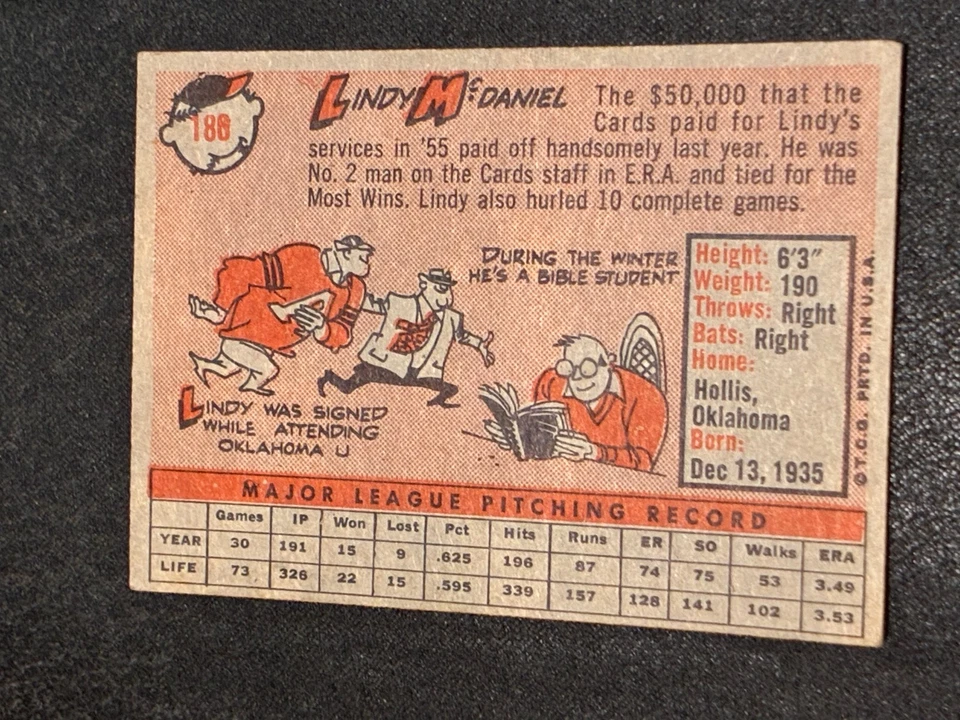 1958 Topps Lindy McDaniel St. Louis Cardinals #188 - No Creases - Soft Corners - Image 2 of 2