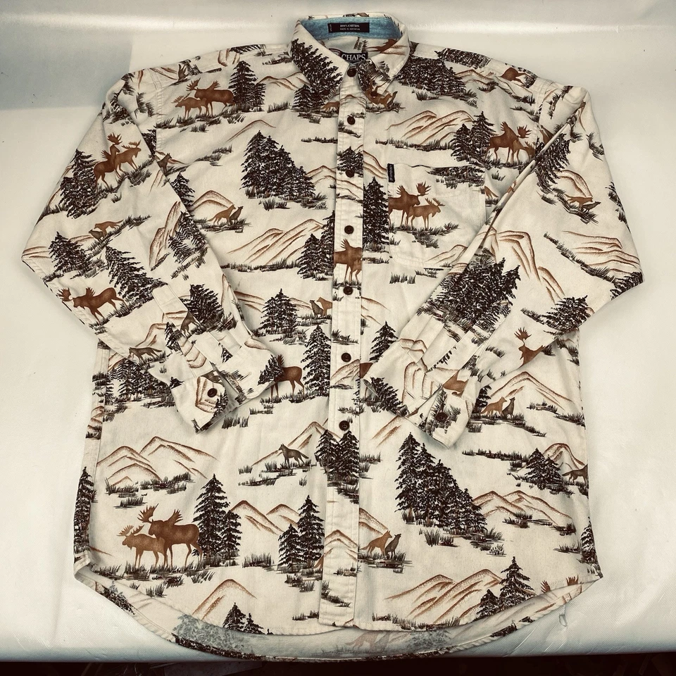 Camisa Ralph Lauren Chaps Micro Pana Estampado Alce Grande De Colección Años 90’s Lobos Foto 2 de 4