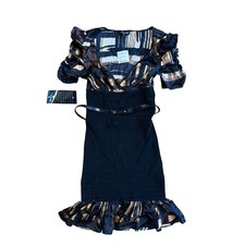 NWT Bebe Vintage Y2K Black and Tan V Neck Silk and Body Con Dress w/belt M
