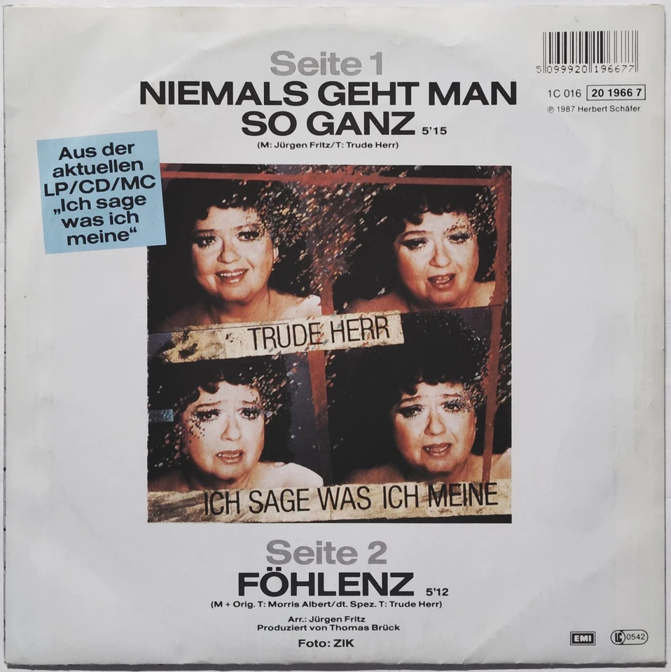 Trude Herr – Niemals geht man so ganz (1986) Single, Vinyl, 7", Pop Rock, gebr. - Bild 2 von 4