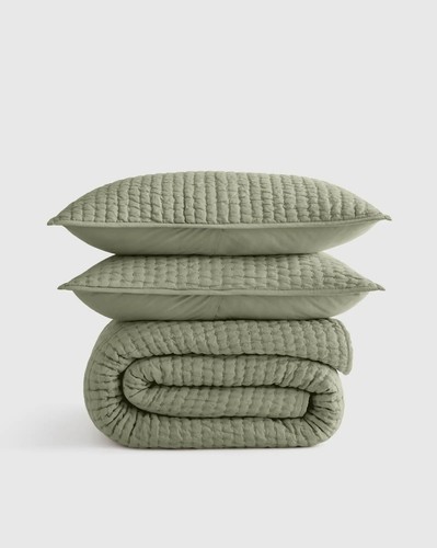 Quince European Linen Cotton Stitch Quilt Set & 2 Shams Willowleaf Full Queen