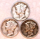 (3) Mercury Dimes - 1936P 1943P 1945P - Very Fine - #2269ED - FREE SHIPPING