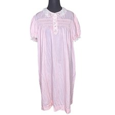 Vintage Barbizon Pink Smocked Nightgown Lace Trim Puff Sleeve Nightdress L