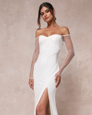 Lulus Eternally Beloved White Off Shoulder Pearl Maxi Bridal Wedding Dress XS