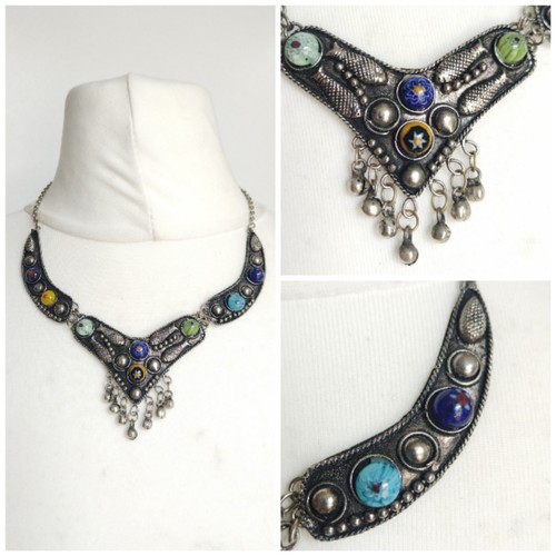 Smokey Metal Panel, Millefiori, Fish, Fringe Tribal Boho Statement Necklace