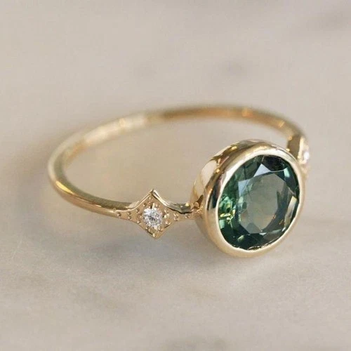 Art Deco Style Emerald & Lab Created Diamond 14K Yellow Gold FN Engagement Ring