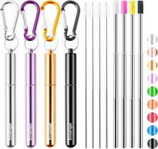 4 Pack Reusable Collapsible Stainless Steel Drinking Straws with Case Brush Keyc