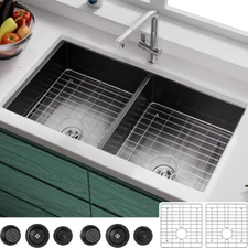 33" Undermount Kitchen Sink Double Bowl Stainless Steel Sink Black Workstation