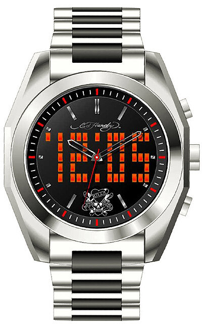 NEW ED HARDY SILK ANALOG DIGITAL STEEL WATCH LED BLACK SKULL