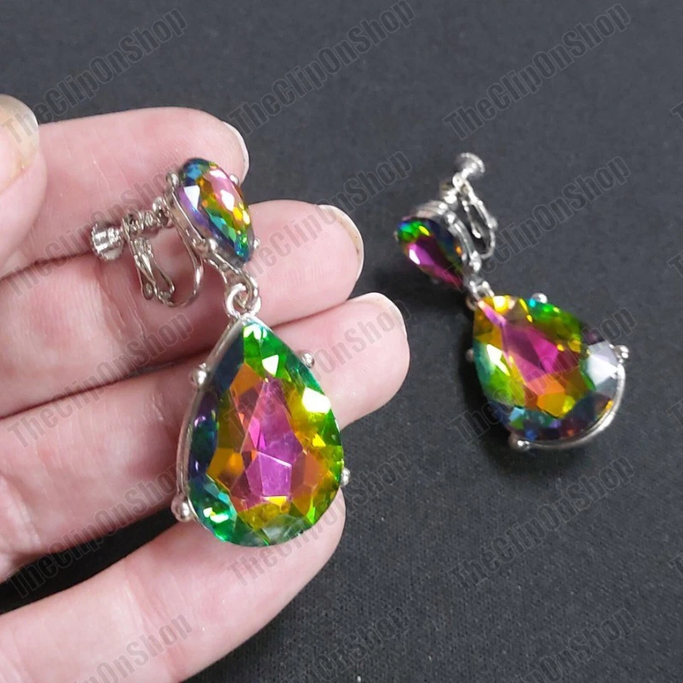 PENDIENTES CLIP ON topacio místico púrpura multi lágrima cristal estrás Foto 4 de 4