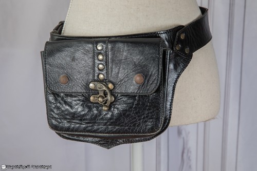 Leather Utility Belt Large Black Satchel Swing Latch Medieval Costume