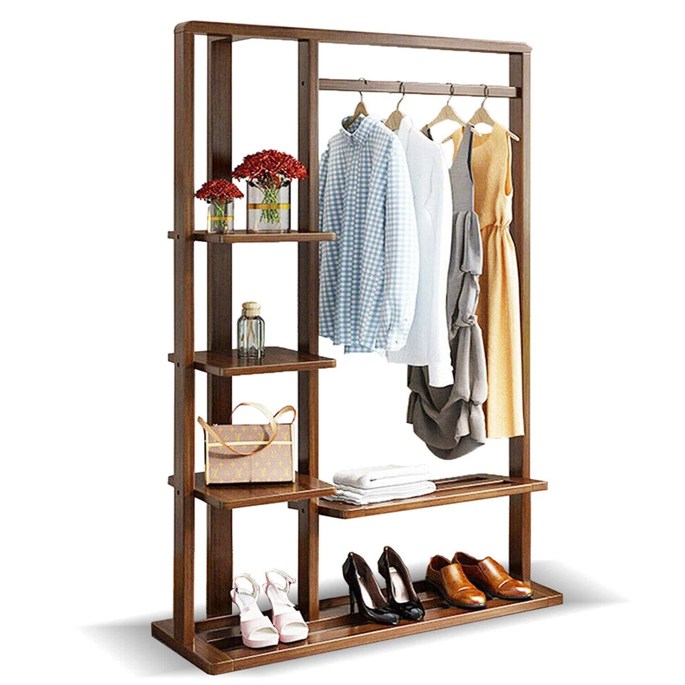 XL Garderobenständer Bambus Kleiderständer Kleiderstange,mit 5 Ablagen Vintage