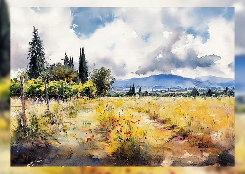 Poppy Meadow Scene 5"x7" Print on Matte Paper | Gentle Watercolor Landscape Art - Picture 2 of 17