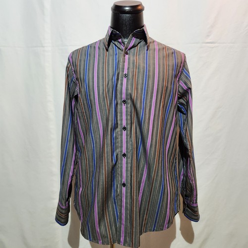 Robert Graham Mens Shirt Multicolor Striped Design Embroidered Flip Cuff Medium - Foto 3 di 9