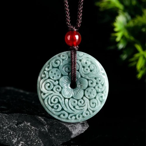 Certified Natural Green Burma Jade jadeite Carved Circle Donut Pendant Necklace