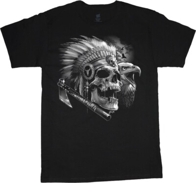 Indian Skull T-shirt Eagle NAtive American Chief Clothing Apparel Mens
