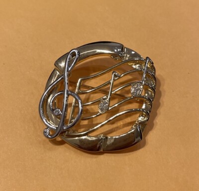 Gold and Silver Tone Metal Treble Clef Music Note Brooch Pin with Rhinestones