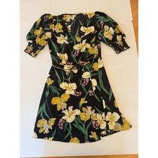 Mango Suit Women Black Floral Iris Wrap Dress Puff Sleeve V-Neck Mini Size 6