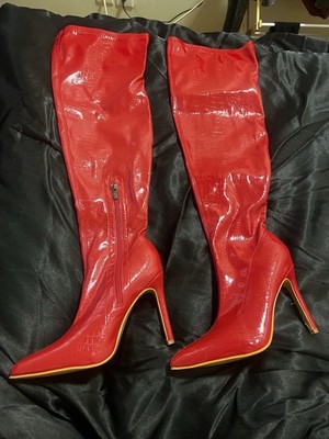 Red Patent Leather Over the Knee Stiletto Boots Crocodile Print Pointed Toe Zip