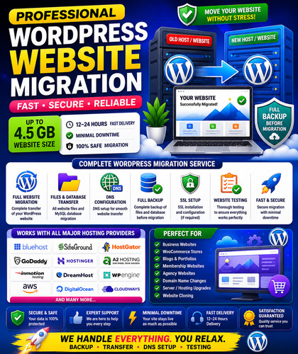 Migrazione sito Web WordPress professionale | fino a 4,5 GB | DNS e backup inclusi prezzo ebay