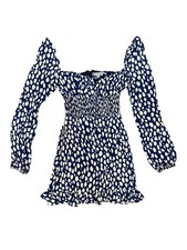 Reformation Rue Long Sleeve Mini Dress Crepe Spotted Lolita Blue White 0