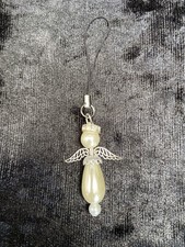 Handmade Pearl Effect Angel Charm Phone Bag Keyring Charm Rhinestone Halo