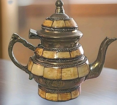 4'' Creamer Single Serve Teapot Vintage Moroccan Brass & Camel Bone TilO8oz