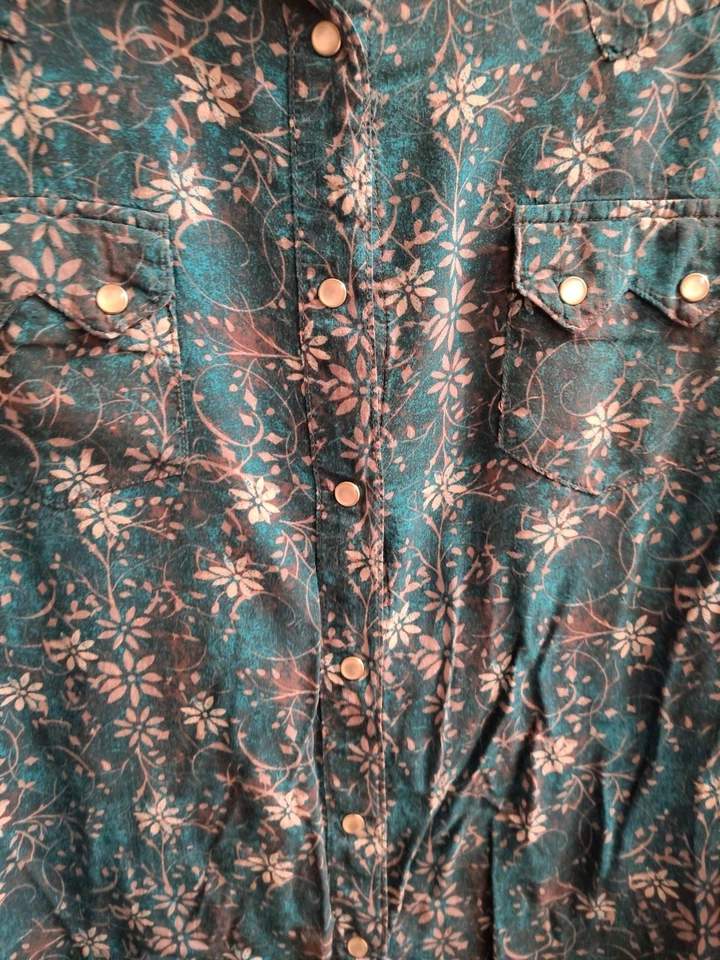 Camisa Wrangler Wrancher verde azulado perla a presión occidental para mujer L vaquera de rodeo Foto 3 de 4