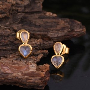 Authentic Double Moonstone Stud Earrings Heart & Drop Gold Plated Studs June Birthstone