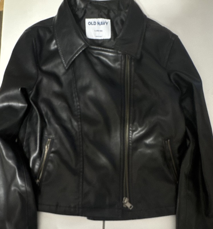 Old Navy Girls Black Faux Leather Biker Jacket L (10-12) Full Zip Lined