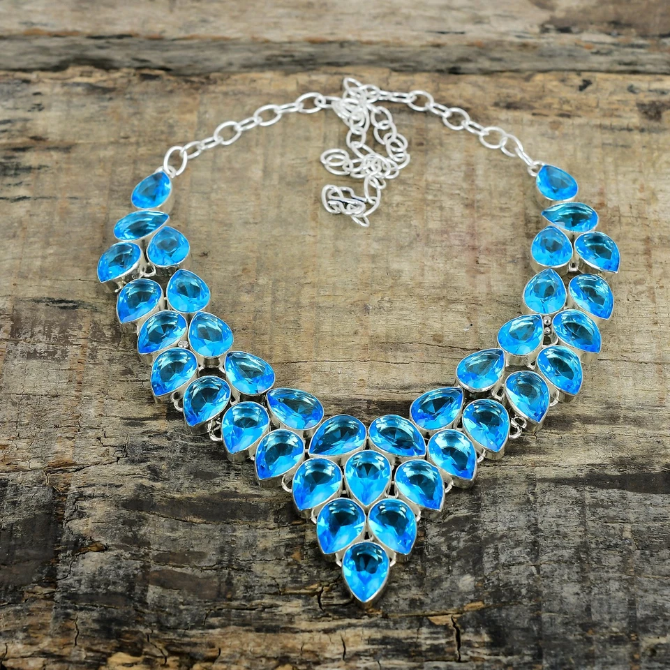 Collana Regolabile In Argento Sterling 925 Con Gemma Di Topazio Blu Fatta A Mano - Immagine 3 di 4