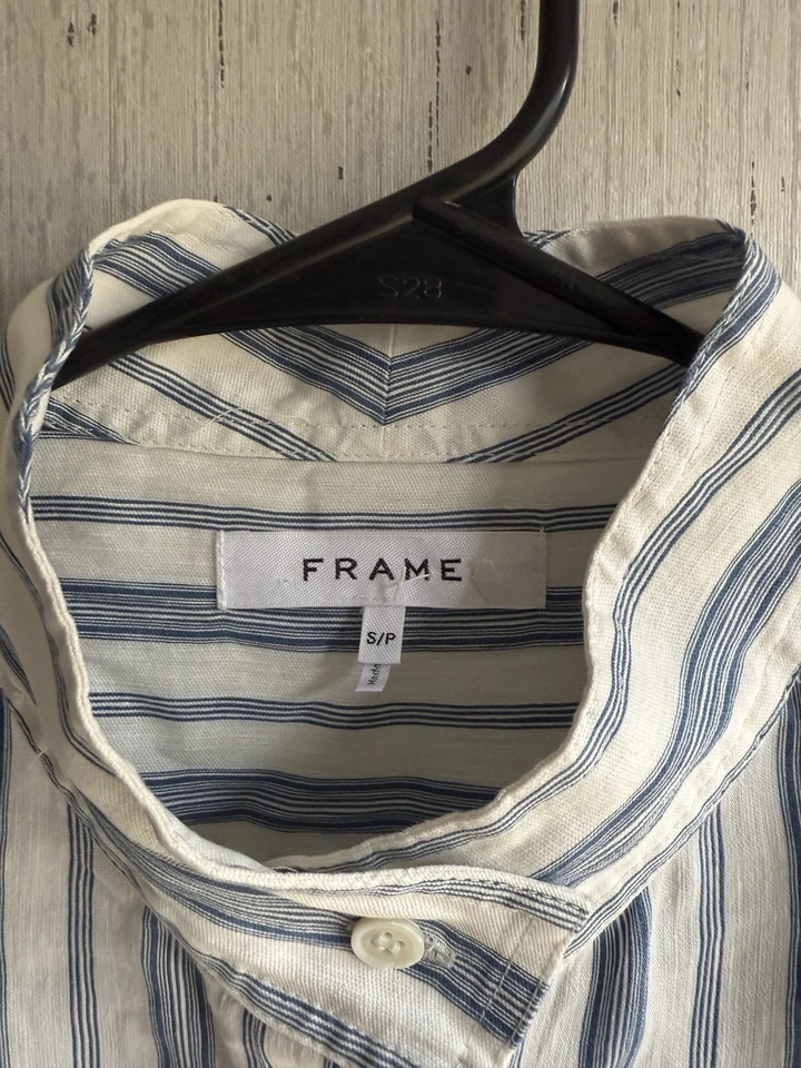 Camisa a Rayas Azul Blanco Cuello Alto Mezcla de Lino Azul Cuello Nuevo sin Etiquetas Pequeña Foto 2 de 4