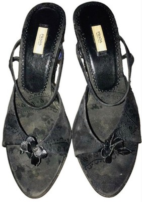 PRADA 1998 slide beadded canvas floral Beaded wedge mirror heel 37