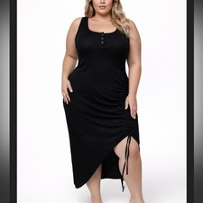 Cider Black Ribbed Midi 4X Plus Size Ruched Side Slit Stretch Bodycon Tank Dress